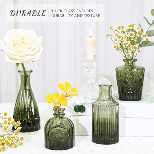 SUPMIND Glass Bud Vase Set of 5, Green Small Flower Vases for Centerpieces in Bulk, Mini Vintage Vase for Rustic Wedding, Home,Table Decoration - Image 4