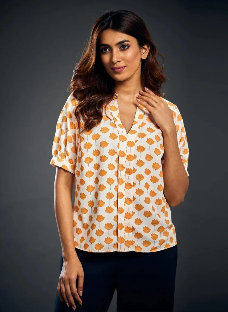 Zigzag Red Motif Printed Chiffon Front Detailed Top