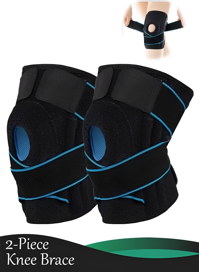 Knee Brace Support for Men & Women, 2 Pack Knee Support for Pain Relief, Adjustable Compression Knee Sleeve with Straps, Non-Slip Breathable Knee Pad for Gym, Running, Football & Daily Use (Black) - Image 1