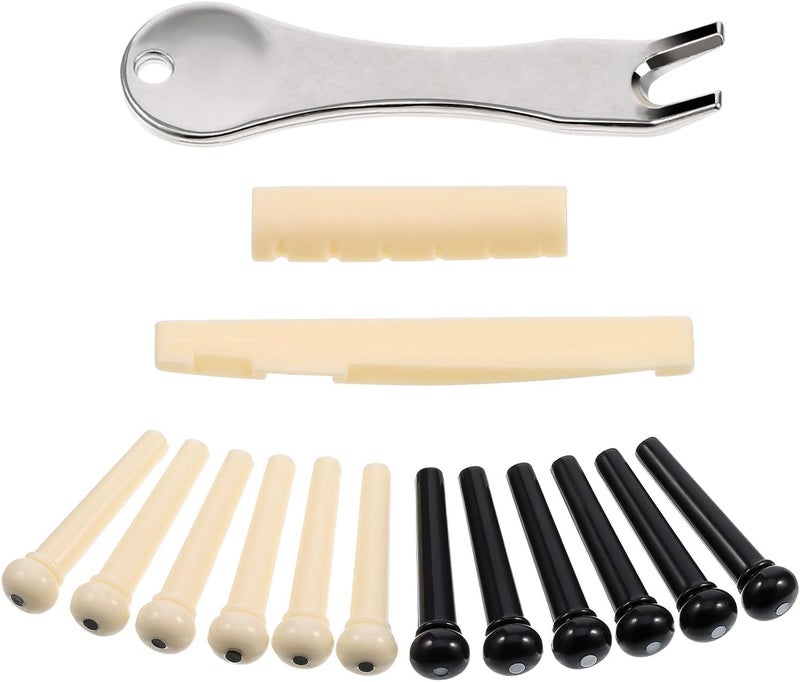 TecUnite 12 Pcs Acoustic Guitar Bridge Pins with Bridge Pin Puller Remover and Saddle Nut, Acoustic Guitar Replacement Parts and Accessories - Image 1
