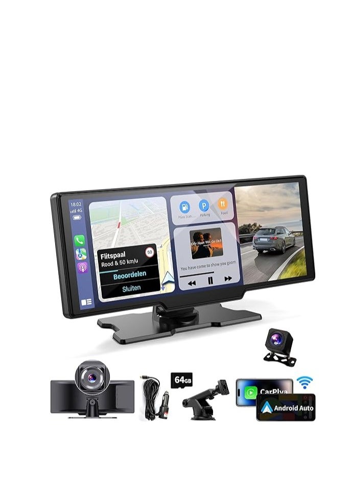 Generic - 10.26-inch Wireless CarPlay Screen for Car & 4K Dash Cam with Android Auto. Portable Car Stereo with Backup Camera&Touchscreen Display.Dash Mout Car Play Box.GPS Navigation,Bluetooth. (10Pro) - Image 1