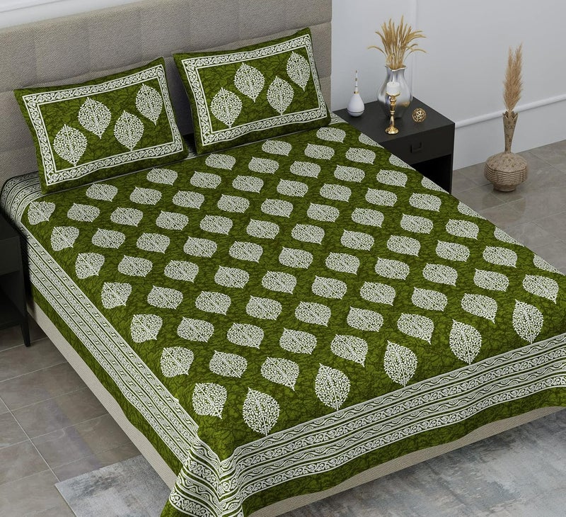 SheetKart Floral 144 TC Cotton Double Bedsheet with 2 Pillow Covers Shamrock Green - Image 1