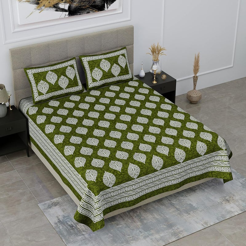 SheetKart Floral 144 TC Cotton Double Bedsheet with 2 Pillow Covers Shamrock Green - Image 4