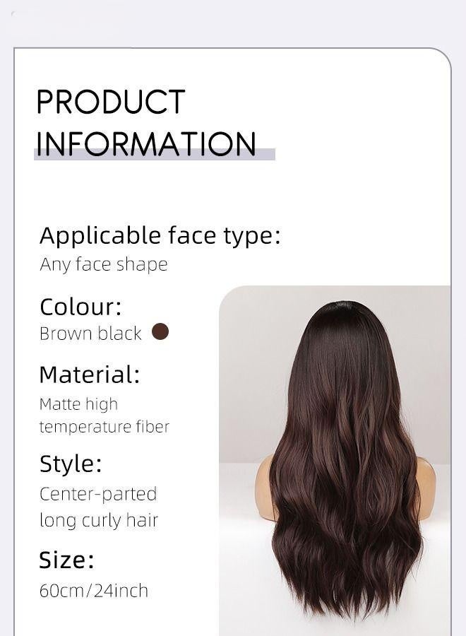 Long Wavy Brown Black Wig, Women's Middle Parting Natural Soft Synthetic Heat Resistant Hair Wig with Highlights for Wedding Cosplay Party Daily Wear, 60cm (24 inches) - Image 2