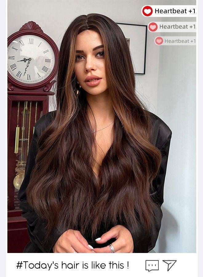Long Wavy Brown Black Wig, Women's Middle Parting Natural Soft Synthetic Heat Resistant Hair Wig with Highlights for Wedding Cosplay Party Daily Wear, 60cm (24 inches) - Image 5