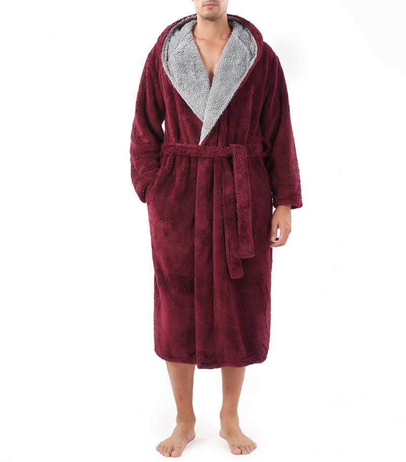 DAVID ARCHY Mens Soft Plush Fleece Robe Full Length Hooded Long Bathrobe for Men with Hood M Red Shu Velveteen