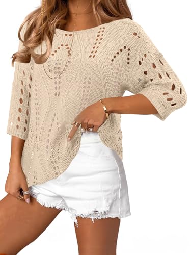 CRAZY GRID Summer Sweaters for Women Spring Clothes 2026 Trendy Knitted Tops 3/4 Sleeve Round Neck Blouses Dressy Casual Crochet Hollow Out Cover Ups Apricot Large - Image 1