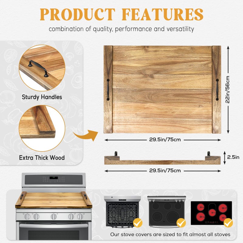 GASHELL Noodle Board Stove Cover with Handles for Electric, Gas Stove Top (Acacia Wood) - Image 4