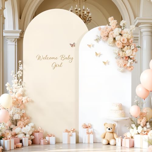 HB HBB MAGIC Beige White Arch Backdrop Cover Set of 2 Birthday Party Arch Covers 7.2 and 6ft Spandex Wedding Arch Covers Stretchy Backdrop Bridal Baby Shower Biege White Arch Stand Cover - Image 1