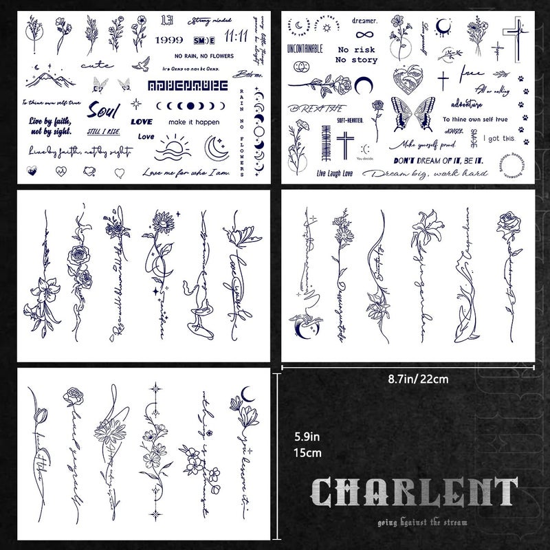 CHARLENT تاتو شبه دائم CHARLENT للبالغين - يدوم لمدة 2 أسبوع طويل، تاتو كلمات زهور صغيرة للنساء والرجال على اليد والرقبة والجسم / يتلاشى بشكل طبيعي / بدون انعكاس / مقاوم للماء / واقعي، فن خطي بسيط - Image 3