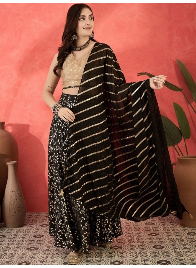 AKS Black & Beige Foil Printed Lehenga Choli - Image 2