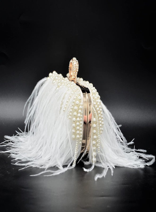 Miuco Ostrich Feather Pearl Clutch Purses For Women Wedding Party Evening Dress Bag Shoulder Bag White - Image 2