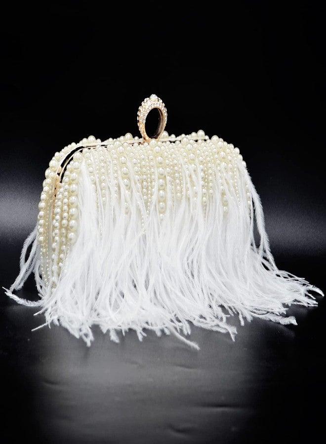 Miuco Ostrich Feather Pearl Clutch Purses For Women Wedding Party Evening Dress Bag Shoulder Bag White - Image 3