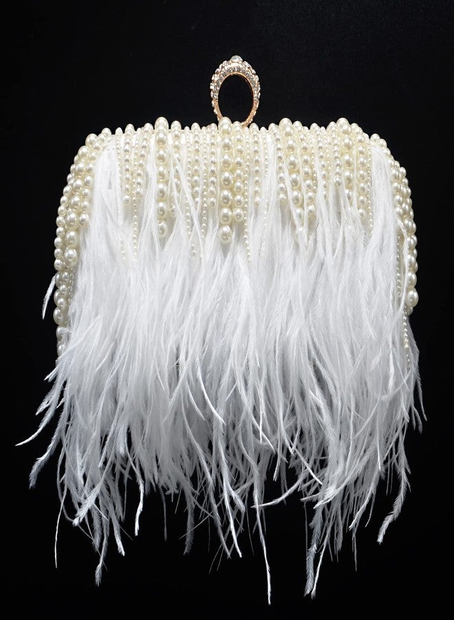 Miuco Ostrich Feather Pearl Clutch Purses For Women Wedding Party Evening Dress Bag Shoulder Bag White - Image 4