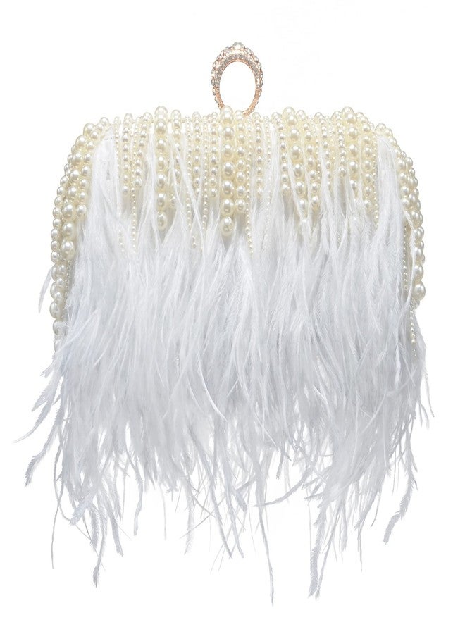Miuco Ostrich Feather Pearl Clutch Purses For Women Wedding Party Evening Dress Bag Shoulder Bag White - Image 1