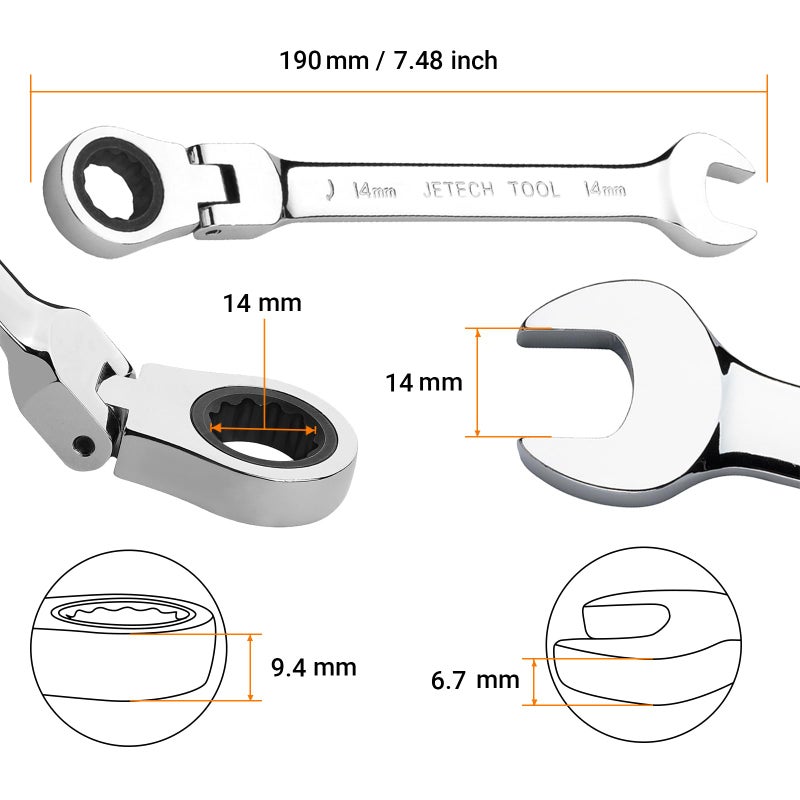 Jetech 14mm Flexible Head Gear Wrench, Industrial Grade Ratcheting Combination Spanner, Forged, Heat-Treated Cr-V Alloy Steel, Full Polished 12 Point,Metric - Image 2