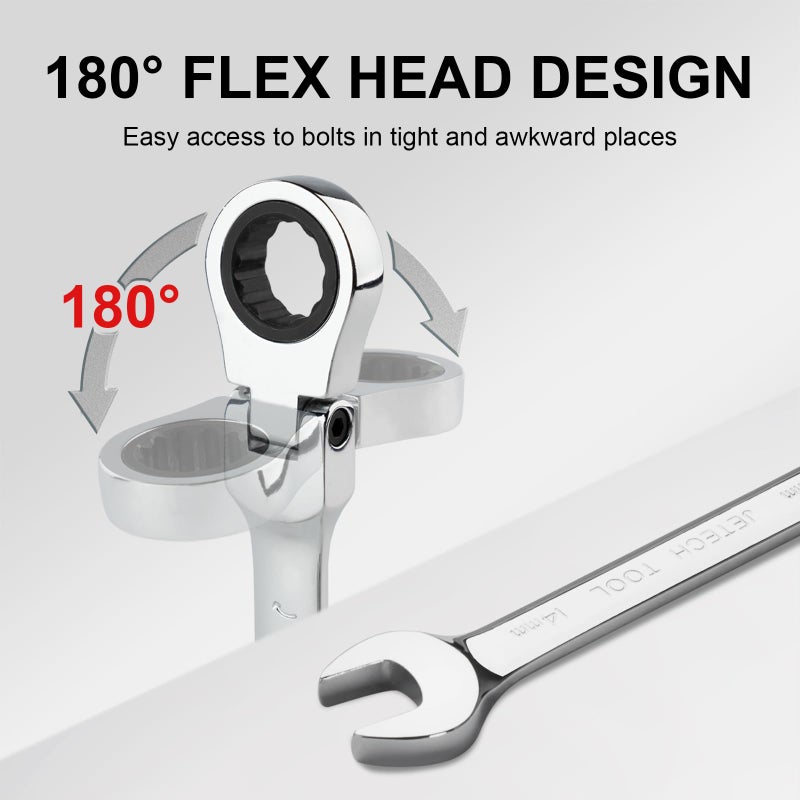 Jetech 14mm Flexible Head Gear Wrench, Industrial Grade Ratcheting Combination Spanner, Forged, Heat-Treated Cr-V Alloy Steel, Full Polished 12 Point,Metric - Image 5