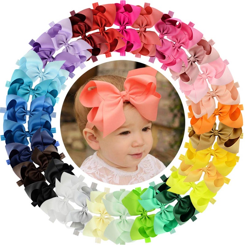 WillingTee Headbands 6 Inch 30 Colors Boutique Grosgrain Ribbon Hair Bows Big Baby Girls Bows Headbands for Baby Girls Infants Toddler Kids Teens and Children - Image 1