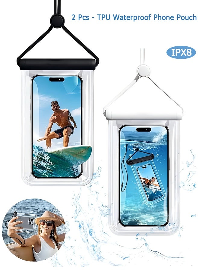 2 Pack IPX8 TPU Waterproof Phone Pouch Double Sealing, Cell Phone Dry Bags with Lanyard Fit up to 7.2" Devices, Protector Case for iPhone 15 14 13 12 11 Pro Max Plus XR, Galaxy S24 S23 - Black& White