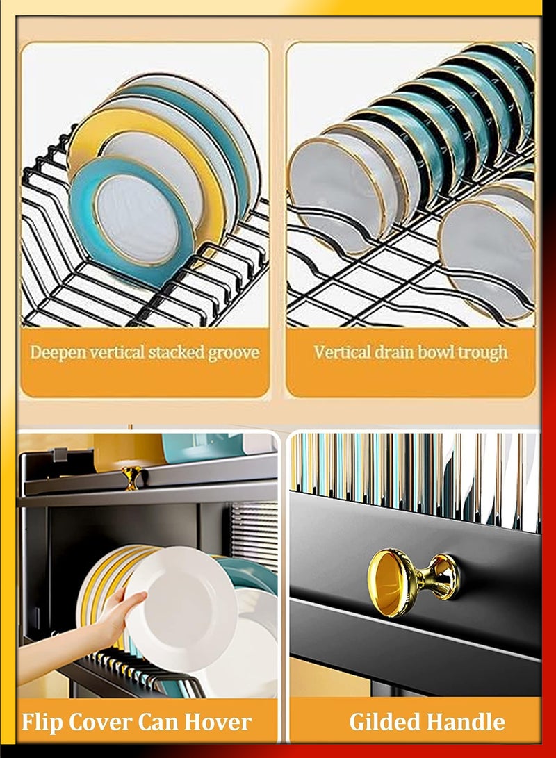 DBLEW Double Layer 2 Tier Over The Sink Dish Drying Stand Drainer Organizer Storage Rack With Dustproof Door Kitchen Countertop Cutlery Storage Organizer Utensil Plate Holder Drain Bracket Shelf 85cm - Image 3