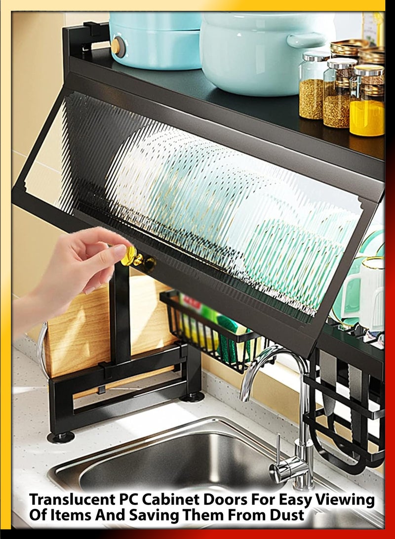 DBLEW Double Layer 2 Tier Over The Sink Dish Drying Stand Drainer Organizer Storage Rack With Dustproof Door Kitchen Countertop Cutlery Storage Organizer Utensil Plate Holder Drain Bracket Shelf 85cm - Image 5