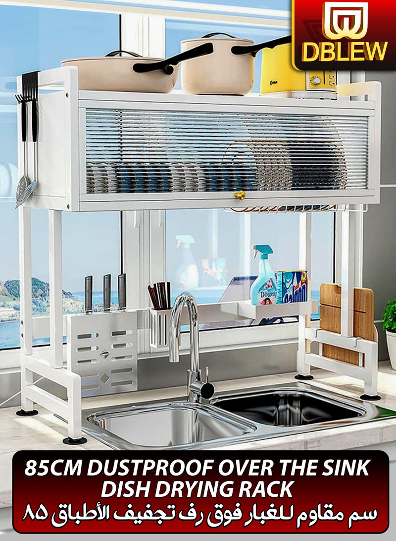 DBLEW Double Layer 2 Tier Over The Sink Dish Drying Stand Drainer Organizer Storage Rack With Dustproof Door Kitchen Countertop Cutlery Storage Organizer Utensil Plate Holder Drain Bracket Shelf 85cm - Image 1