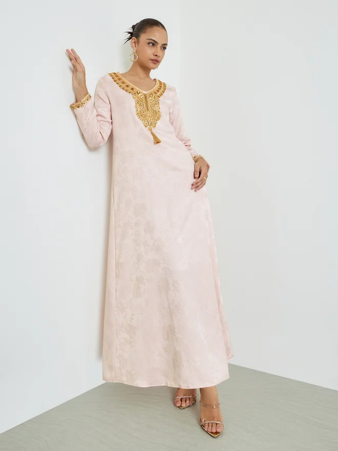 Styli Styli Light Pink Embroidered Lace Jalabiya