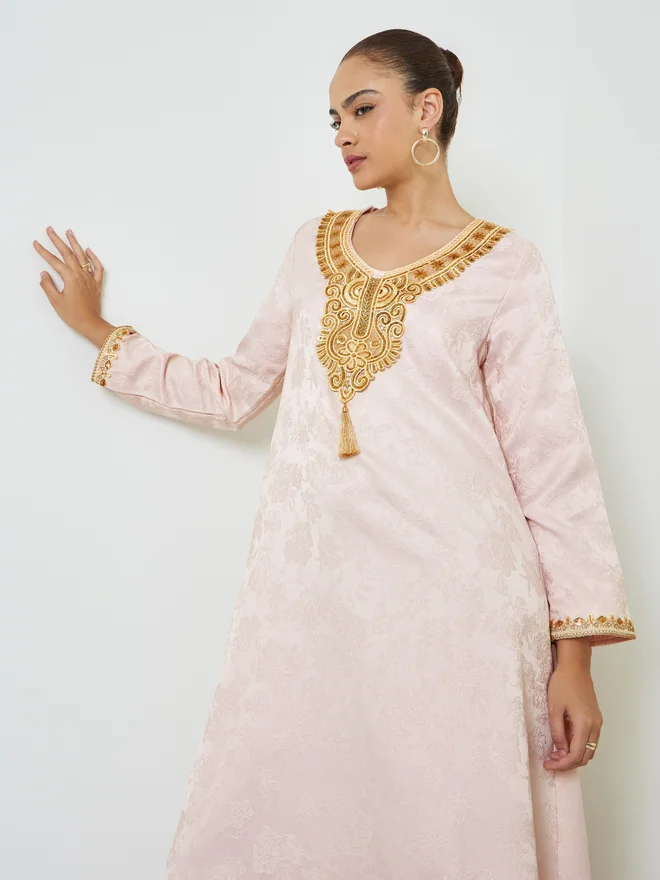 Styli Styli Light Pink Embroidered Lace Jalabiya