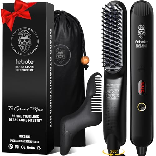 FEBOTE Heated Ionic Hair Straightening Brush for Men - 5 Temperature Settings, Anti-Scald, Beard Shaper & Travel Bag - Image 1