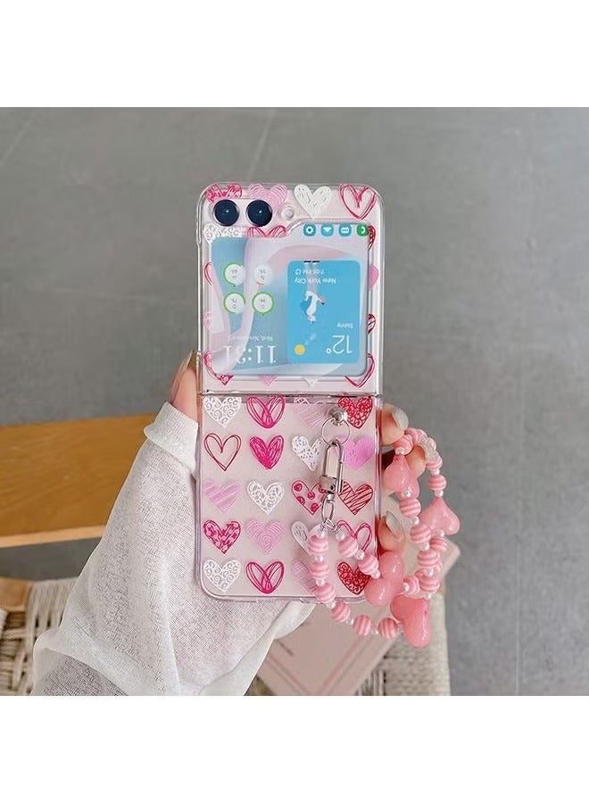 Case for Samsung Galaxy Z Flip 5 Case, Heart Graffiti Pattern Phone Case with Strap Wrist, Slim Case Compatible with Samsung Galaxy Z Flip 5, PC material Anti-Scratch Phone Fashion Cover Women Girls  - Image 1
