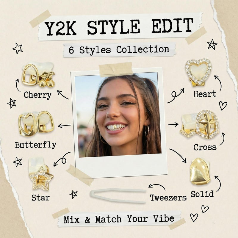 YAFIYGI 6Pcs Grillz for Women Gold Plated Grills Mouth Jewelry Kit Single Tooth Caps One Size Fits All Bling Jewels for Hip-Hop Fashion with Heart Hollow Rhinestones Star Cross Cherry - Image 3