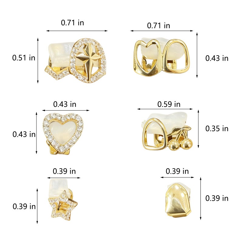 YAFIYGI 6Pcs Grillz for Women Gold Plated Grills Mouth Jewelry Kit Single Tooth Caps One Size Fits All Bling Jewels for Hip-Hop Fashion with Heart Hollow Rhinestones Star Cross Cherry - Image 2