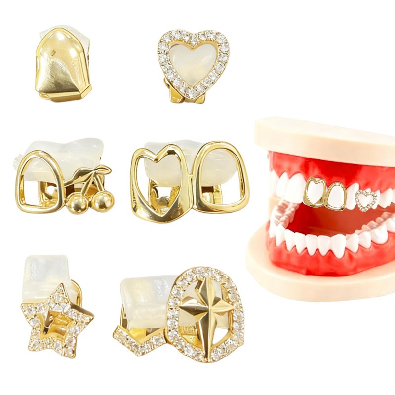 YAFIYGI 6Pcs Grillz for Women Gold Plated Grills Mouth Jewelry Kit Single Tooth Caps One Size Fits All Bling Jewels for Hip-Hop Fashion with Heart Hollow Rhinestones Star Cross Cherry - Image 1