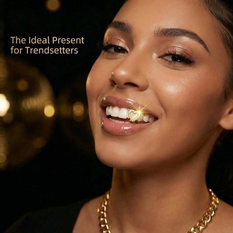 YAFIYGI 6Pcs Grillz for Women Gold Plated Grills Mouth Jewelry Kit Single Tooth Caps One Size Fits All Bling Jewels for Hip-Hop Fashion with Heart Hollow Rhinestones Star Cross Cherry - Image 4