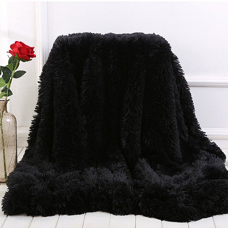 Plush Super Soft Blanket Bedding Sofa Cover Furry Fuzzy Fur Warm Throw Qulit Cozy Couch Blanket for Winter 63x79 Black