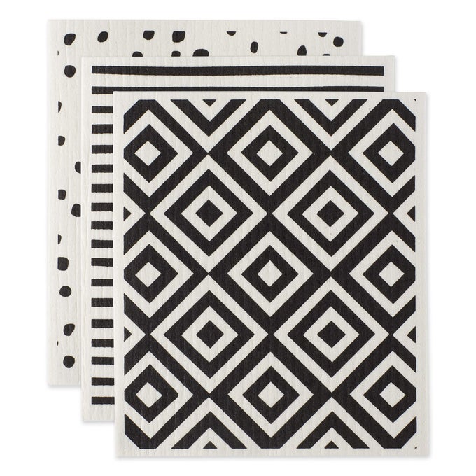 SWEDISH DISHCLOTHS FOR KITCHEN CLEANING REUSABLE MACHINE WASHABLE DISHWASHER SAFE BIODEGRADABLE 775 X 675 BLACK WHITE 3 PIECE