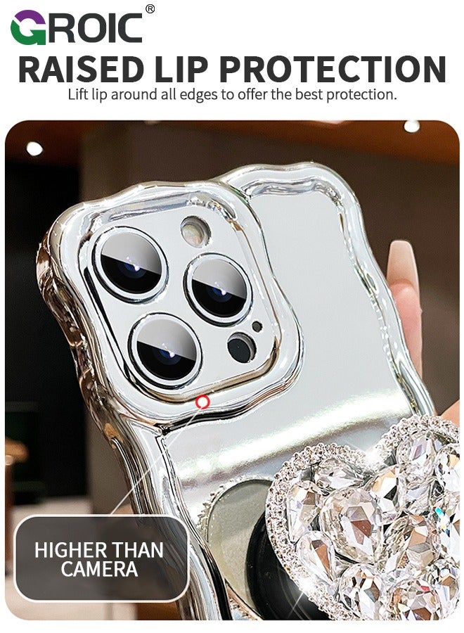 GROIC Compatible with iPhone 15 Pro Max case,Mirror Wave Senior Silver Cute Phone Cover with 3D Love Heart Stand,Lens Protection Protector Shockproof Phone Shell for iPhone 15 Pro Max 6.7 Inch  - Image 2