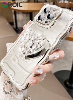 GROIC Compatible with iPhone 15 Pro Max case,Mirror Wave Senior Silver Cute Phone Cover with 3D Love Heart Stand,Lens Protection Protector Shockproof Phone Shell for iPhone 15 Pro Max 6.7 Inch  - Image 5