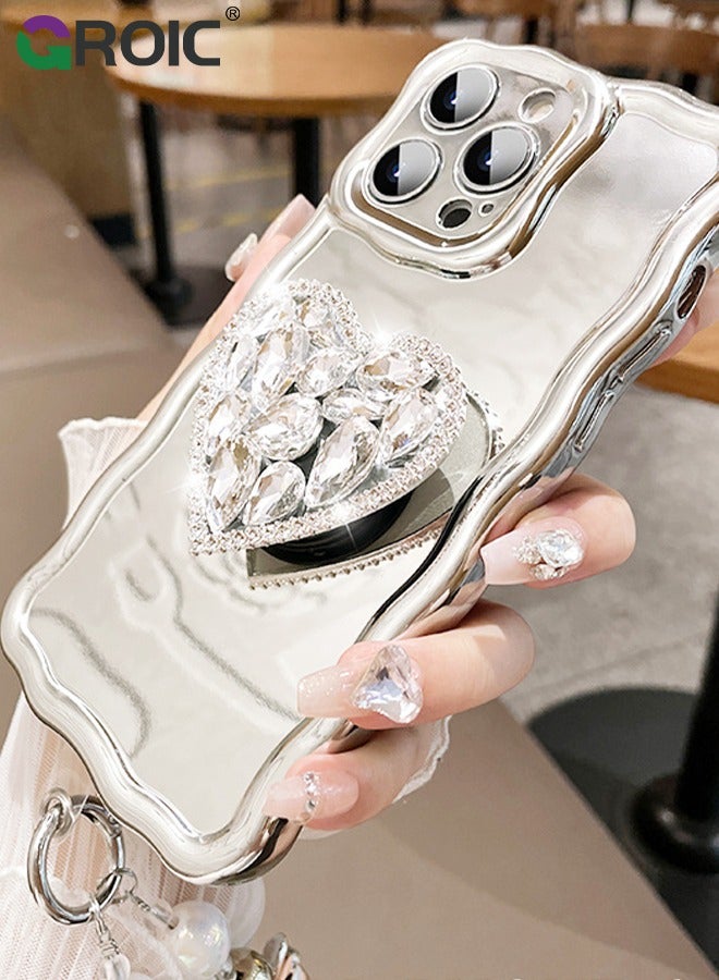 GROIC Compatible with iPhone 15 Pro Max case,Mirror Wave Senior Silver Cute Phone Cover with 3D Love Heart Stand,Lens Protection Protector Shockproof Phone Shell for iPhone 15 Pro Max 6.7 Inch  - Image 5
