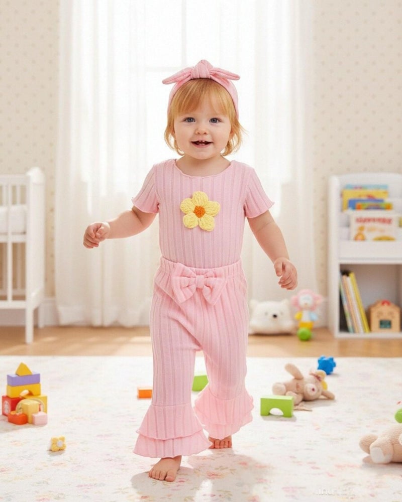 Renotemy Preemie Newborn Baby Girl Clothes Summer Baby Outfit Newborn Essentials Coming Home Outfits Preemie Clothes Girl Light Pink Short Sleeve Romper Premature Bodysuit Bell Bottom Pants Set - Image 2