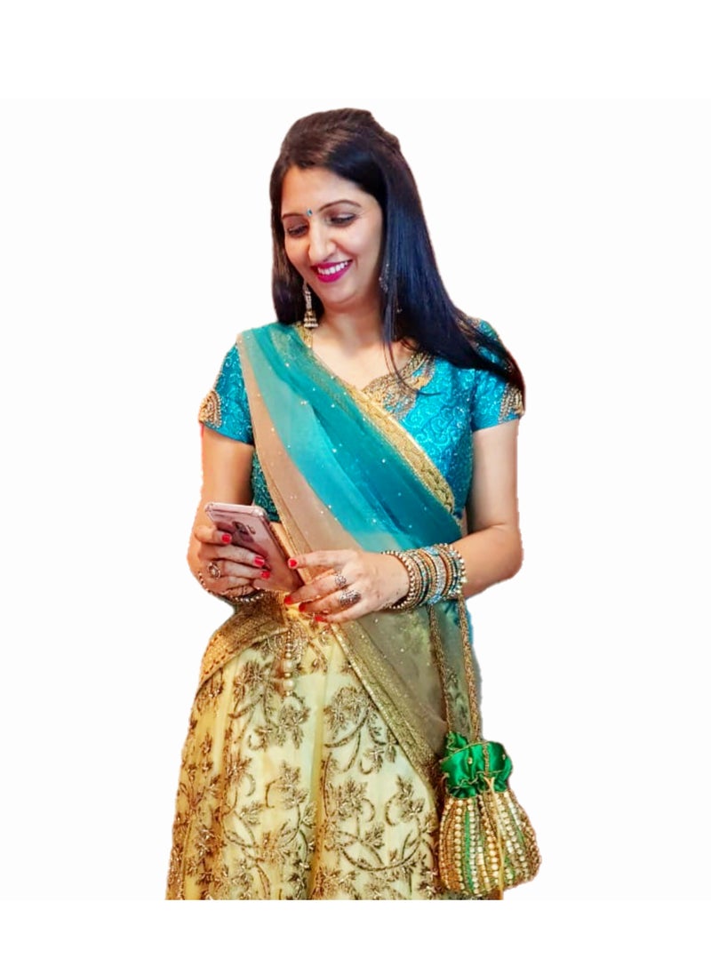 Grab Mantra - Ready To Wear Golden Turquoise Green Net Lehenga With Golden Embroidery Having Stones Plus Stitched blouse Medium Size And Net dupatta - Image 1