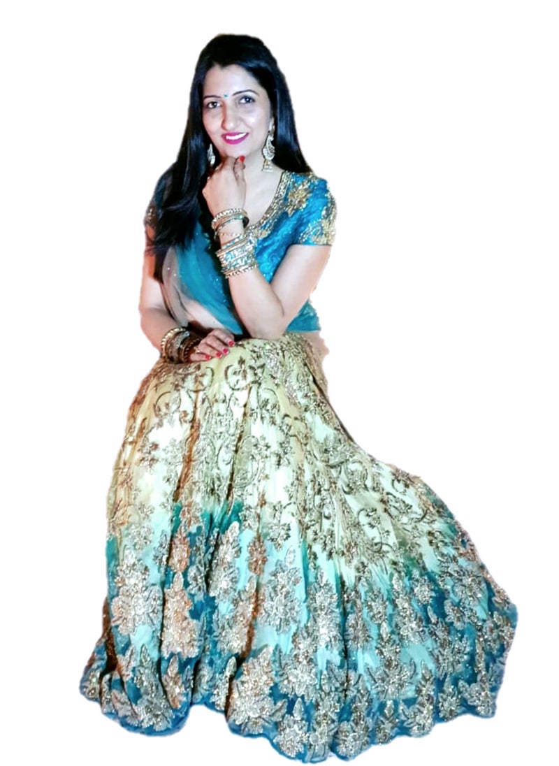 Grab Mantra - Ready To Wear Golden Turquoise Green Net Lehenga With Golden Embroidery Having Stones Plus Stitched blouse Medium Size And Net dupatta - Image 1