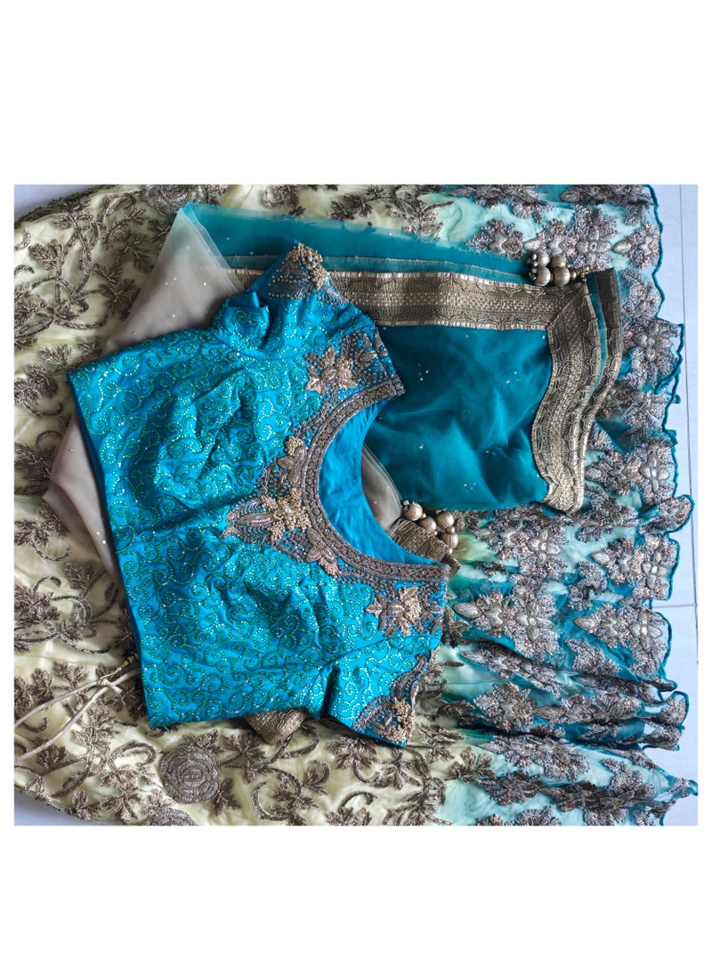Grab Mantra - Ready To Wear Golden Turquoise Green Net Lehenga With Golden Embroidery Having Stones Plus Stitched blouse Medium Size And Net dupatta - Image 1