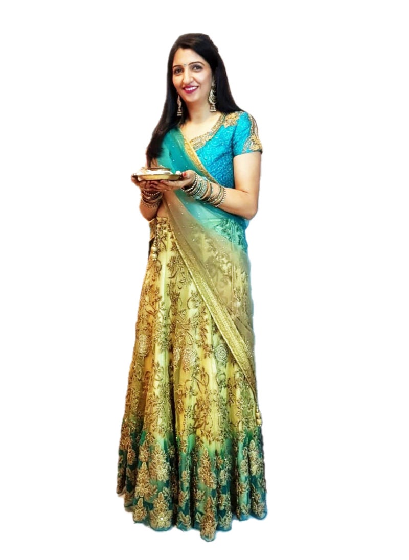 Grab Mantra - Ready To Wear Golden Turquoise Green Net Lehenga With Golden Embroidery Having Stones Plus Stitched blouse Medium Size And Net dupatta - Image 1