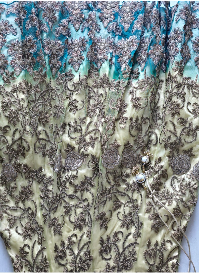 Grab Mantra - Ready To Wear Golden Turquoise Green Net Lehenga With Golden Embroidery Having Stones Plus Stitched blouse Medium Size And Net dupatta - Image 1