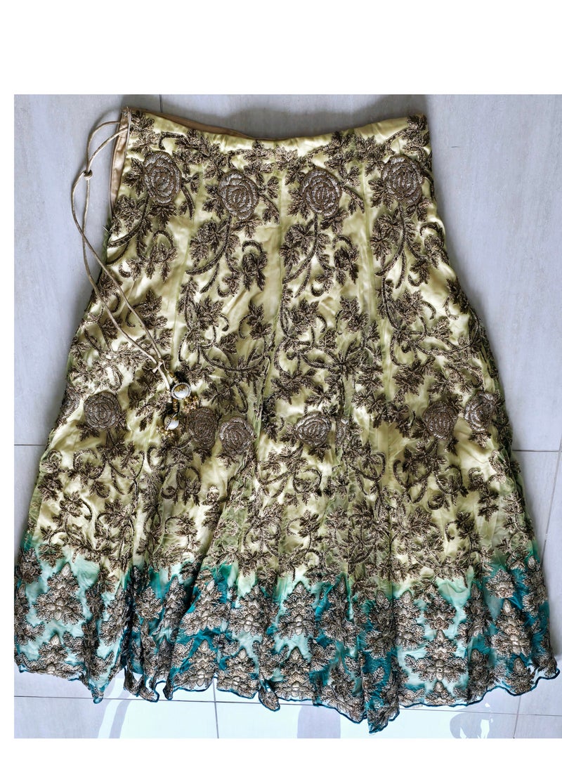 Grab Mantra - Ready To Wear Golden Turquoise Green Net Lehenga With Golden Embroidery Having Stones Plus Stitched blouse Medium Size And Net dupatta - Image 1