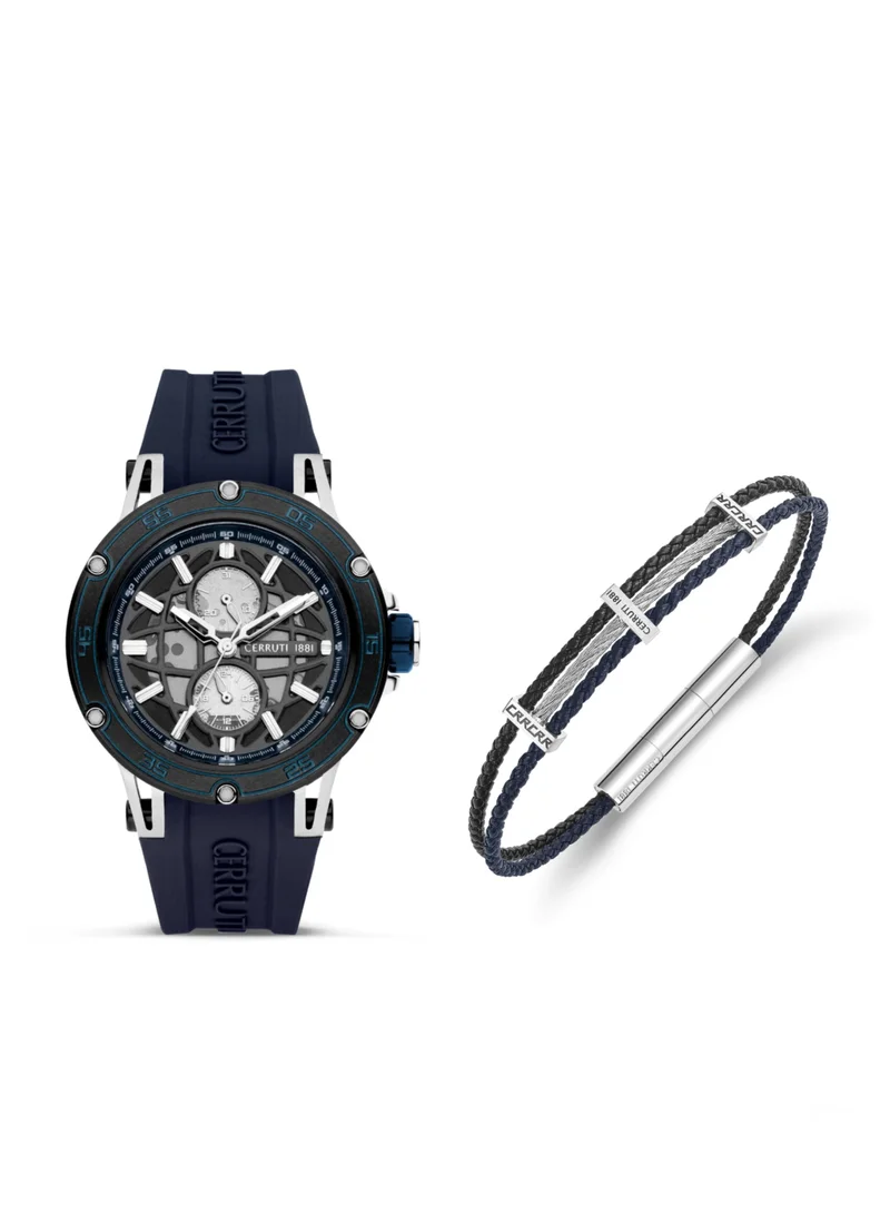 شيروتي 1881 Velletri Grey Dial Silicone Strap Analog Watch Black Blue Leather Bracelet Gift Set for Men