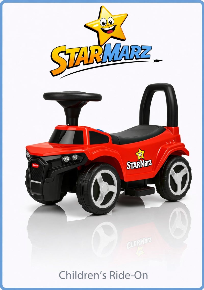 Starmarz "The StarMarz Red Sports Ride-On Car is a fun, stylish, and safe foot-to-floor ride-on toy designed for toddlers aged 1–4 years.  Its sharp racing-car style, complete with a rear spoiler, sporty decals, and bold red finish, makes it a favorite for every child who loves cars.  The 4-wheel stable design helps toddlers ride safely and confidently. The silent EVA wheels glide smoothly across indoor and outdoor surfaces without scratching your floors.  A comfortable wide seat and strong backrest provide support for younger children during long play sessions.  Kids control the car by pushing with their feet, helping improve balance, leg strength, and motor skills.  Made from strong, child-safe materials, this ride-on car is perfect for home, nursery, and outdoor fun.  Ideal for birthdays, Eid gifts, or any special occasion — a stylish sports ride-on that kids will love." - Image 1