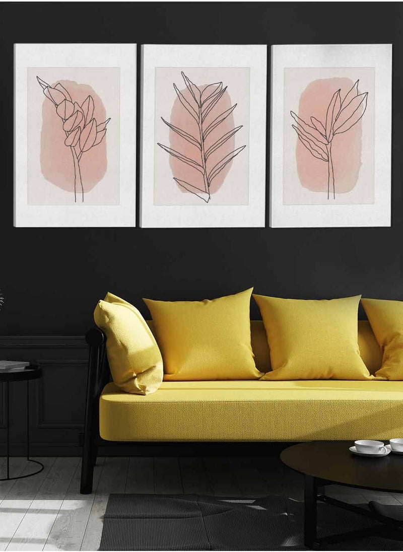 LOWHA Set Of 3 Framed Canvas Wall Arts Stretched Over Wooden Frame Leaves Abstract Paintings For Home Living Room Office Decor  - Image 3