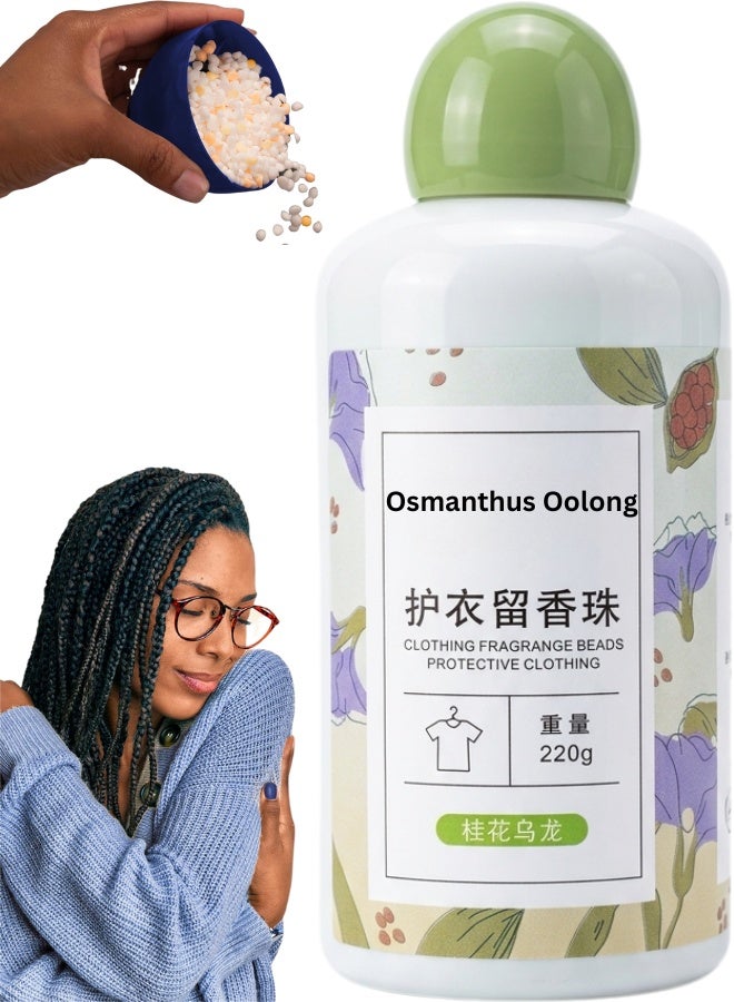 حبوب معطرة للملابس والعناية بالأقمشة – عبوة 220 جرام – معطر للملابس ومثبت رائحة طويل الأمد – بنكهة أزهار أوسمانثوس أولونغ، خوخ ياسمين، برتقال ومشمش – مع عامل تليين للأقمشة ونعومة طبيعية – مناسب للغسيل اليدوي والآلي – آمن على الجلد وذو تركيبة قابلة للذوبان – يحافظ على الأقمشة ناعمة، لامعة وخالية من الكهرباء الساكنة – للعناية بجميع أنواع الملابس، الأقمشة الرقيقة والسميكة، والملاءات والبطانيات - Image 1